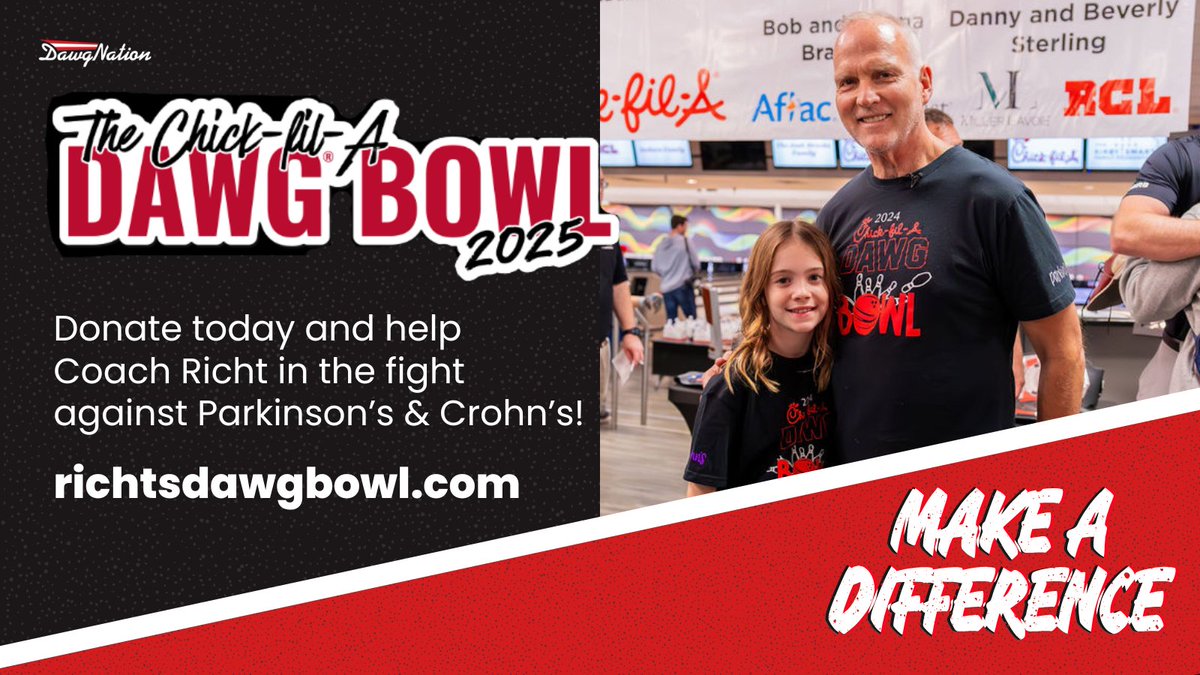 Coach Richt is back for the 3rd annual <a href="/ChickfilA/">Chick-fil-A, Inc.</a> Dawg Bowl 🎳

It’s not just a bowling event — it’s a fight against Parkinson’s &amp; Crohn’s, causes that hit home for the Richt family.

Every Dawg can make a difference. Donate &amp; join the cause: bit.ly/4788BIy