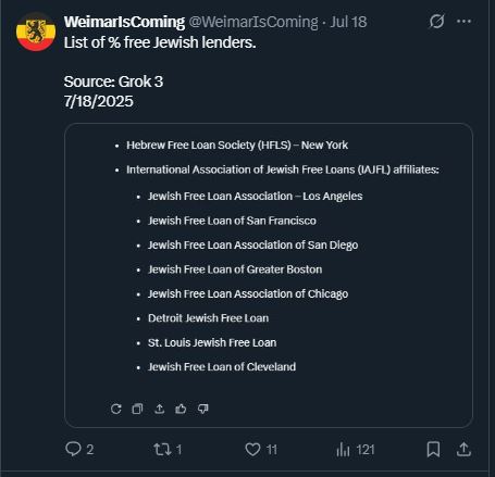Can you explain to us why Jews loan money to each other all of the fucking USA for no interest when the rest of us pay interest?

x.com/WeimarIsComing…