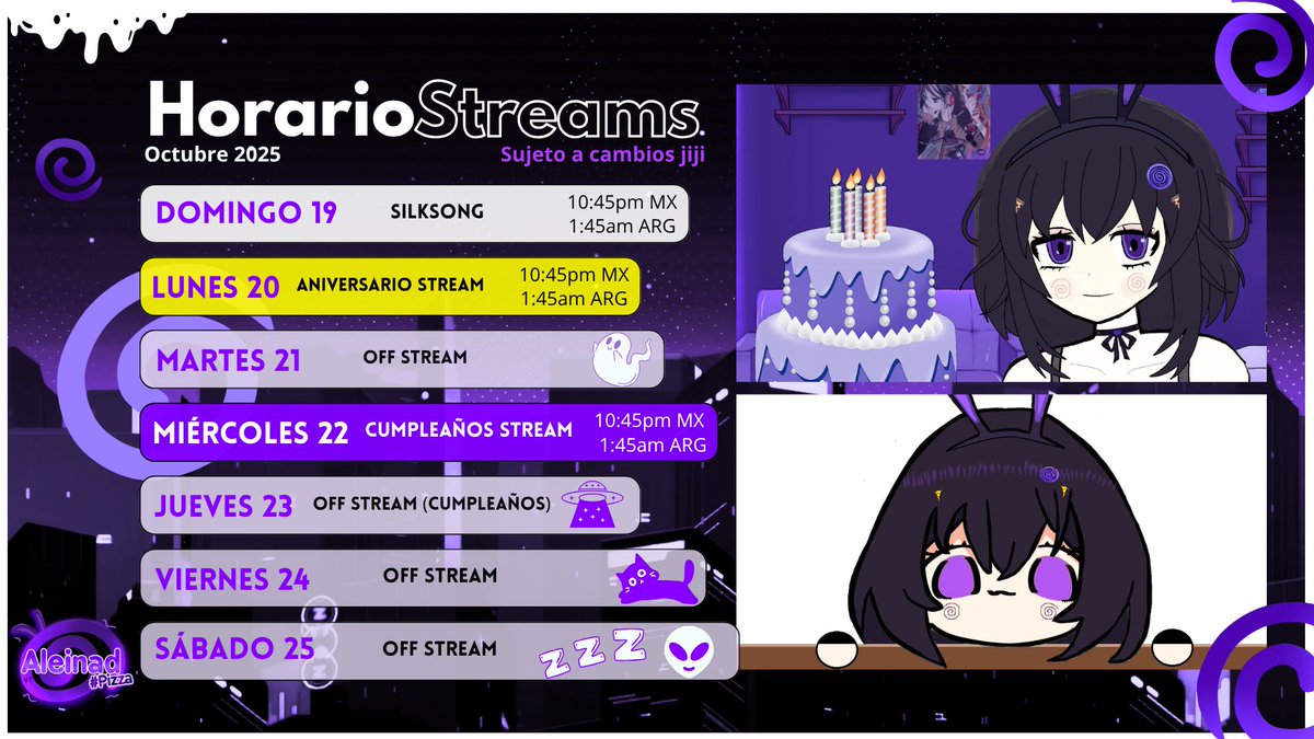 Aleinadvtpizza's tweet photo. Mi horario de streams de esta semana, mucho festejo, pero me da pena hacer fiesta xdasjaks, no sé como le hacen los demás Vtubers pipipi

#vtuber #aleinadpizza #Vtubers https://t.co/UkdRUzfz62