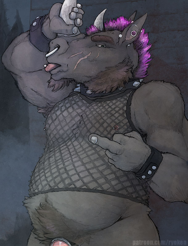 "Weretober - Wooly Rhino"

I am particularly happy with how this punk turned out.  =D

Prompt #14 of <a href="/TFiddlerArt/">Taran Fiddler</a>'s 2025 Weretober!
#nsfw #weretober #weretober2025