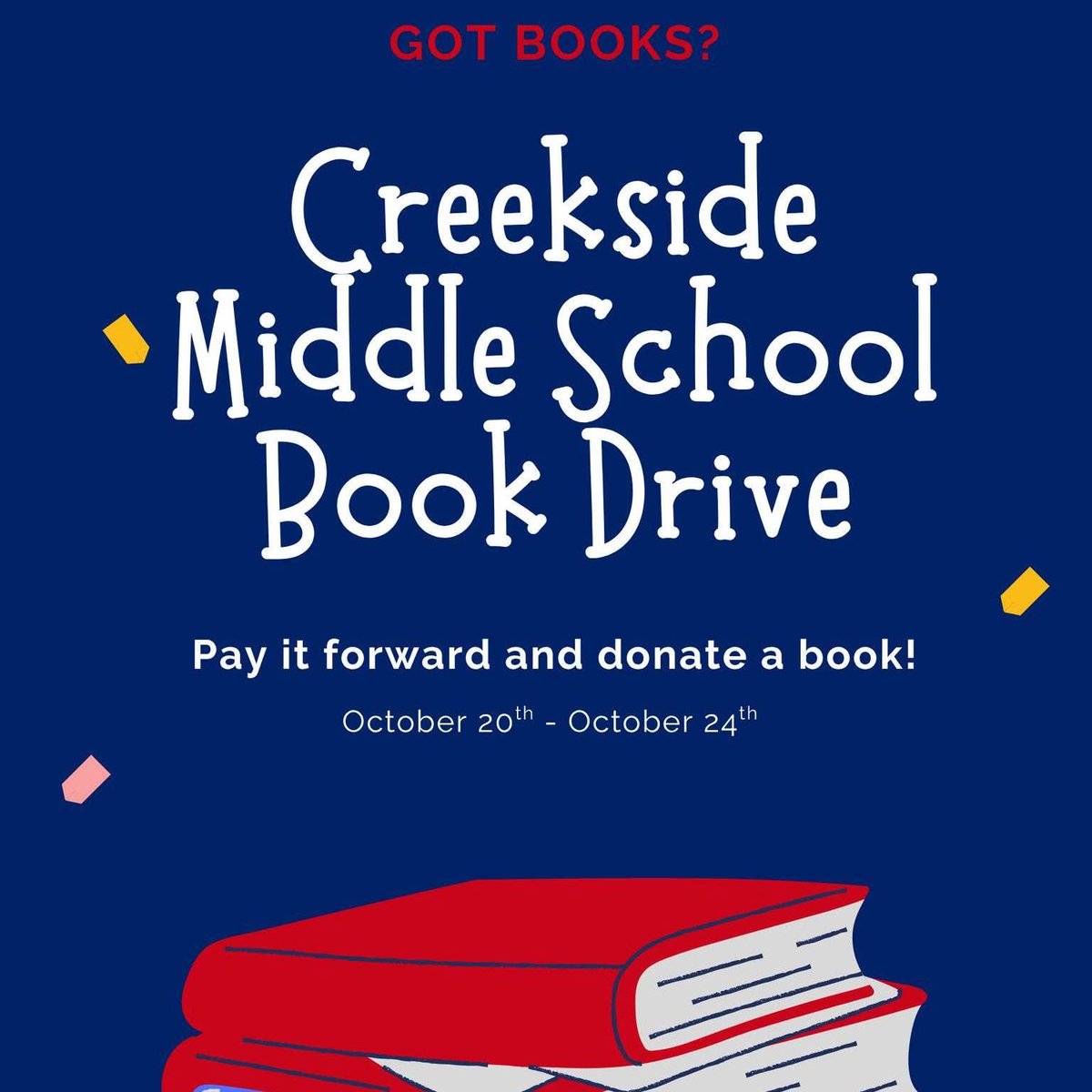 Want to pass a book along to someone else so they can read and love it? Donate it to the Keep the Story Going Book Drive. 

Have your Wildcat donate new or gently used books to the main office 10/20-24. Books will then be placed into the little free libraries around Carmel!