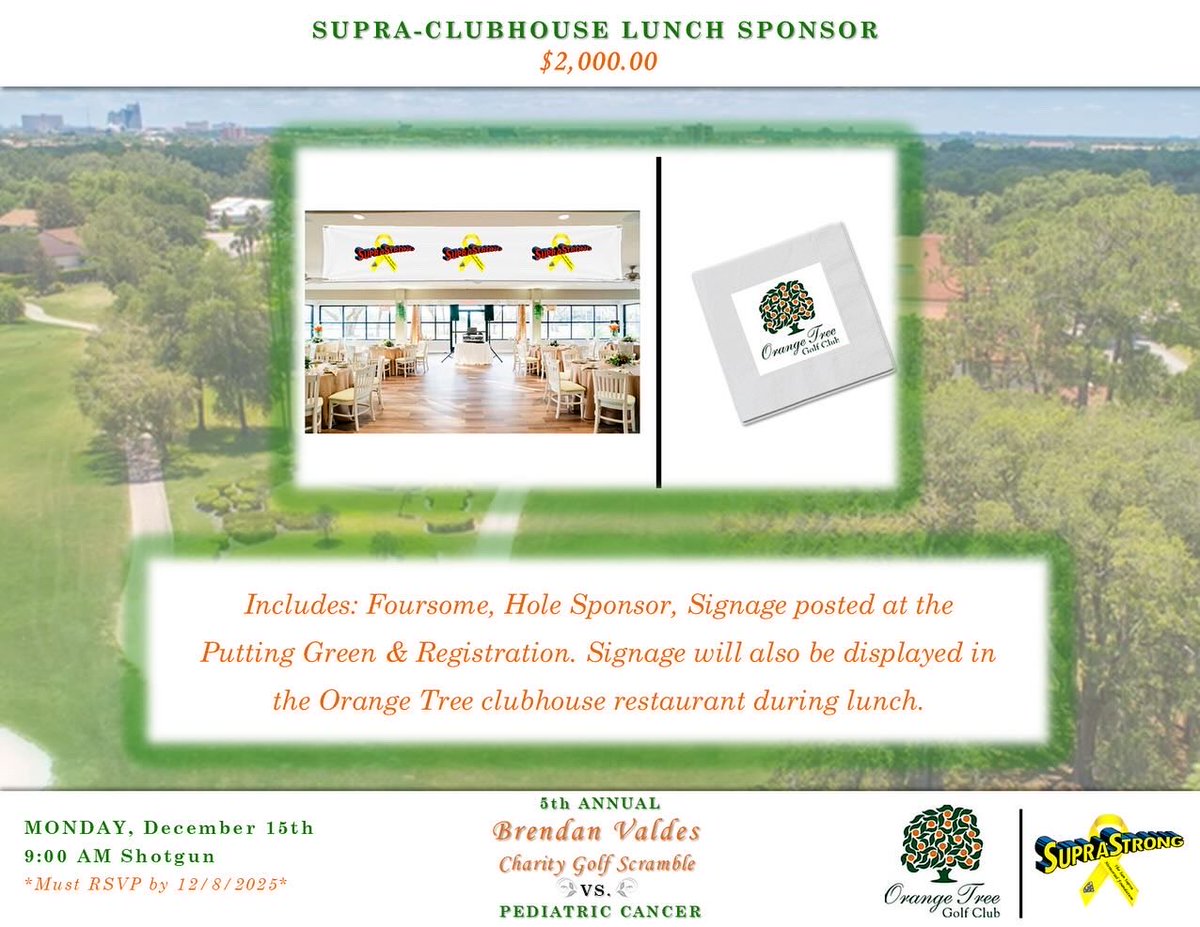 Check out the sponsorship opportunities available for the 5th <a href="/Brendan_Valdes/">Brendan Valdes</a> Charity Golf Scramble vs Pediatric Cancer hosted by <a href="/OrangeTreeGolf/">Orange Tree</a>!🏌🏻‍♂️⛳️🎗️ 

Please visit SupraStrong.com if your company would like to purchase a sponsorship package! #SupraStrong ❤️💙💛💪