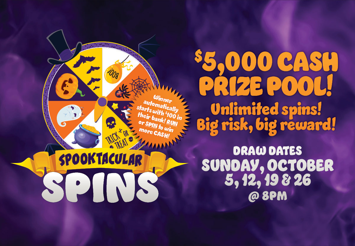 Don't miss your chance to spin the wheel and win big!! Enter now for a shot at a cash prize! 🤩 Draw takes place at 8pm. Simply sign in to the contest kiosk to enter. Winner must be present.
