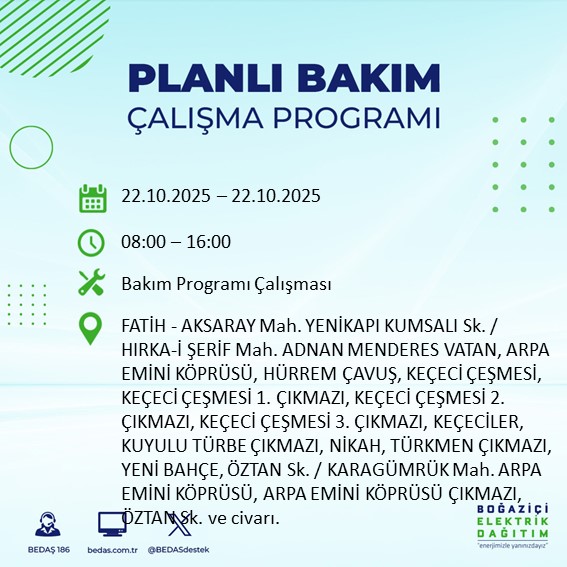 BEDASDestek's tweet photo. 22.10.2025 tarihli Fatih ilçesi #planlıbakımçalışmaprogramı @FatihBelediye https://t.co/tQ35U9HBgL