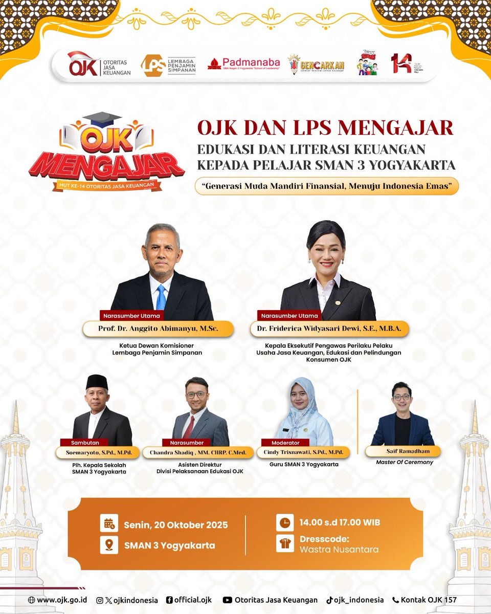 sikapiuangmu's tweet photo. OJK dan LPS hadir di Yogyakarta! 🎓

Dalam rangka meningkatkan tingkat literasi dan inklusi keuangan masyarakat, sekaligus memperingati Hari Ulang Tahun (HUT) ke-14 OJK, OJK dan LPS hadir untuk memberikan edukasi keuangan bagi pelajar dan guru di Yogyakarta.

⬇️ https://t.co/89EfpfZgyg