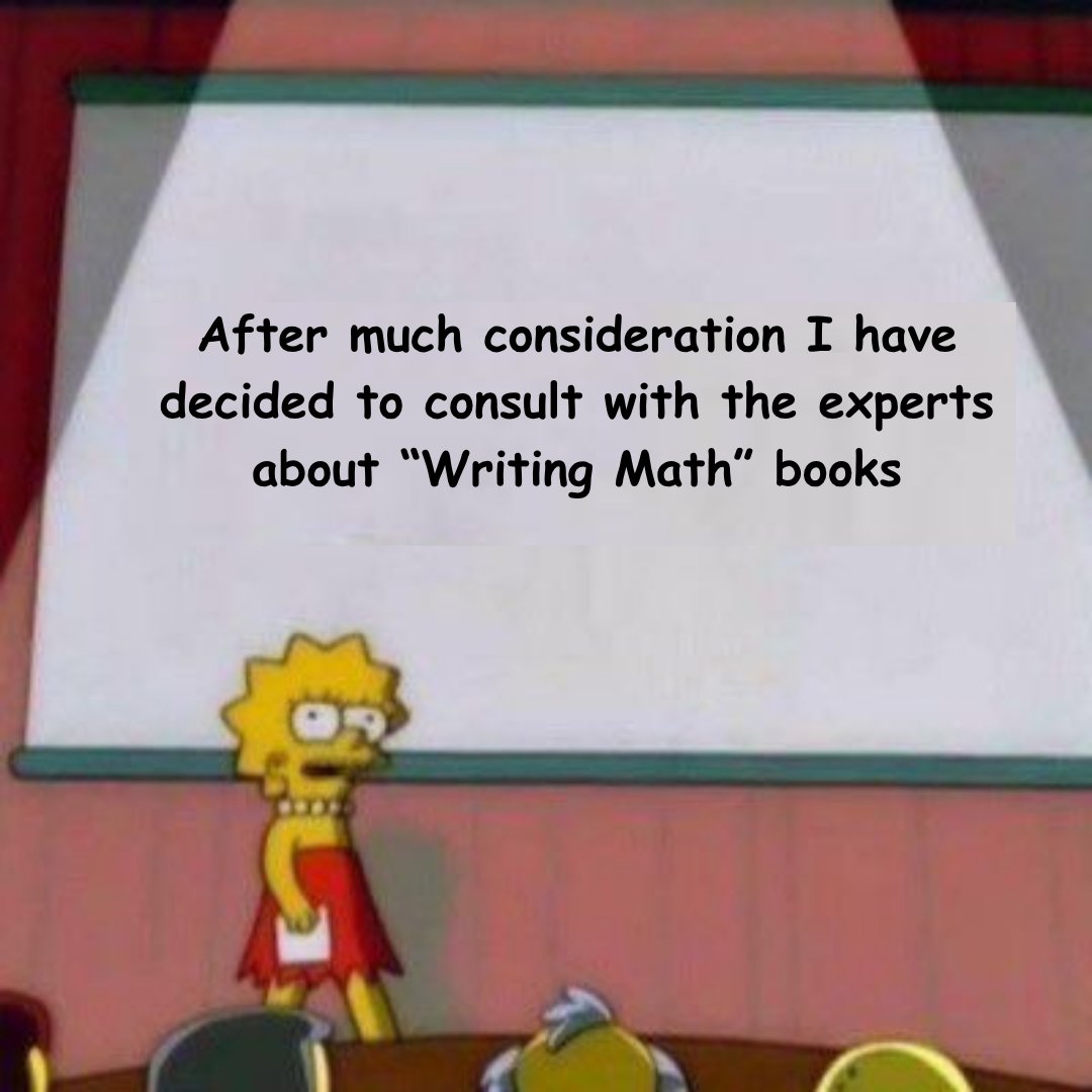 Join authors <a href="/DrEugeniaCheng/">Dr Eugenia Cheng --no advice please--</a>  <a href="/onlinekyne/">Kyne</a> <a href="/Anthony_Bonato/">Anthony Bonato</a> <a href="/ProfNoahGian/">Noah Giansiracusa</a> <a href="/sioroberts/">Siobhan Roberts</a> <a href="/PatchenBarss/">Patchen Barss</a> <a href="/PaulaRowinska/">Dr Paula Rowińska</a> <a href="/1autumn_leaf/">Autumn Phaneuf, MSE</a>  for Writing Math: a free hybrid event at the <a href="/FieldsInstitute/">The Fields Institute</a>, Oct 25 @ 2:30 PM ET  RSVP →shorturl.at/fbQ2v