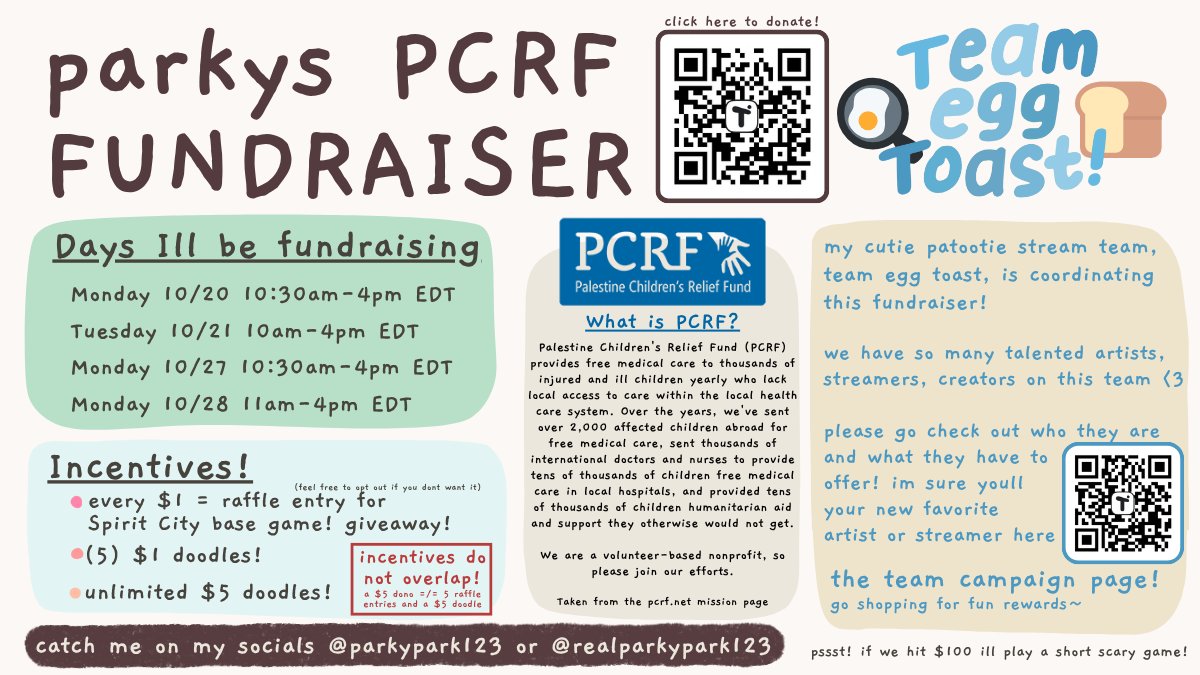 I'm fundraising for PCRF with <a href="/teameggtoast/">EGG TOAST</a> !
You could get:
❣️$1 raffle ticket for a base game spirit city
❣️(5) $1 doodle
❣️(unlimited) $5 doodle
and at $100 I'll play a short scary game on stream 👻