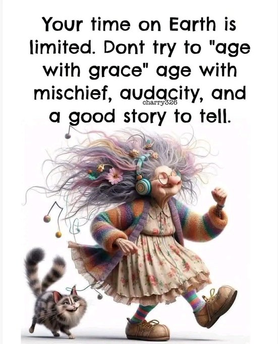 Vibrant digital illustration depicts an elderly woman with wild flowing purple hair adorned with flowers wearing oversized headphones a multicolored knitted sweater and flowing dress in pastel tones dancing with arms raised and legs stepping dynamically a striped tabby cat with mischievous expression sits nearby on the ground.
