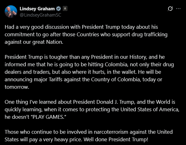 Trump confirms Lindsey Graham's statement suggesting the implementation of tariffs on Colombia - CBS