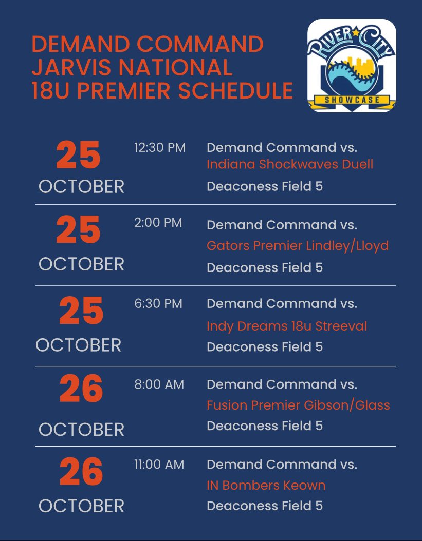 Schedule drop for this upcoming weekend. River City Showcase at Deaconess Sports Park in Evansville.