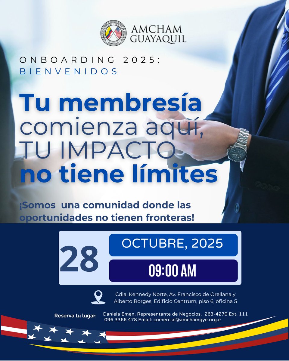 🎯 ¡Bienvenidos oficialmente a AmCham Guayaquil! 🇪🇨🇺🇸
Este 28 de octubre te esperamos en un evento exclusivo para nuevos socios:
💼 Onboarding 2025

Reserva tu lugar: Daniela Emen | 096 3366 478 📧 comercial@amchamgye.org.ec

#AmChamGYE #Onboarding2025 #ExclusivoNuevosSocios