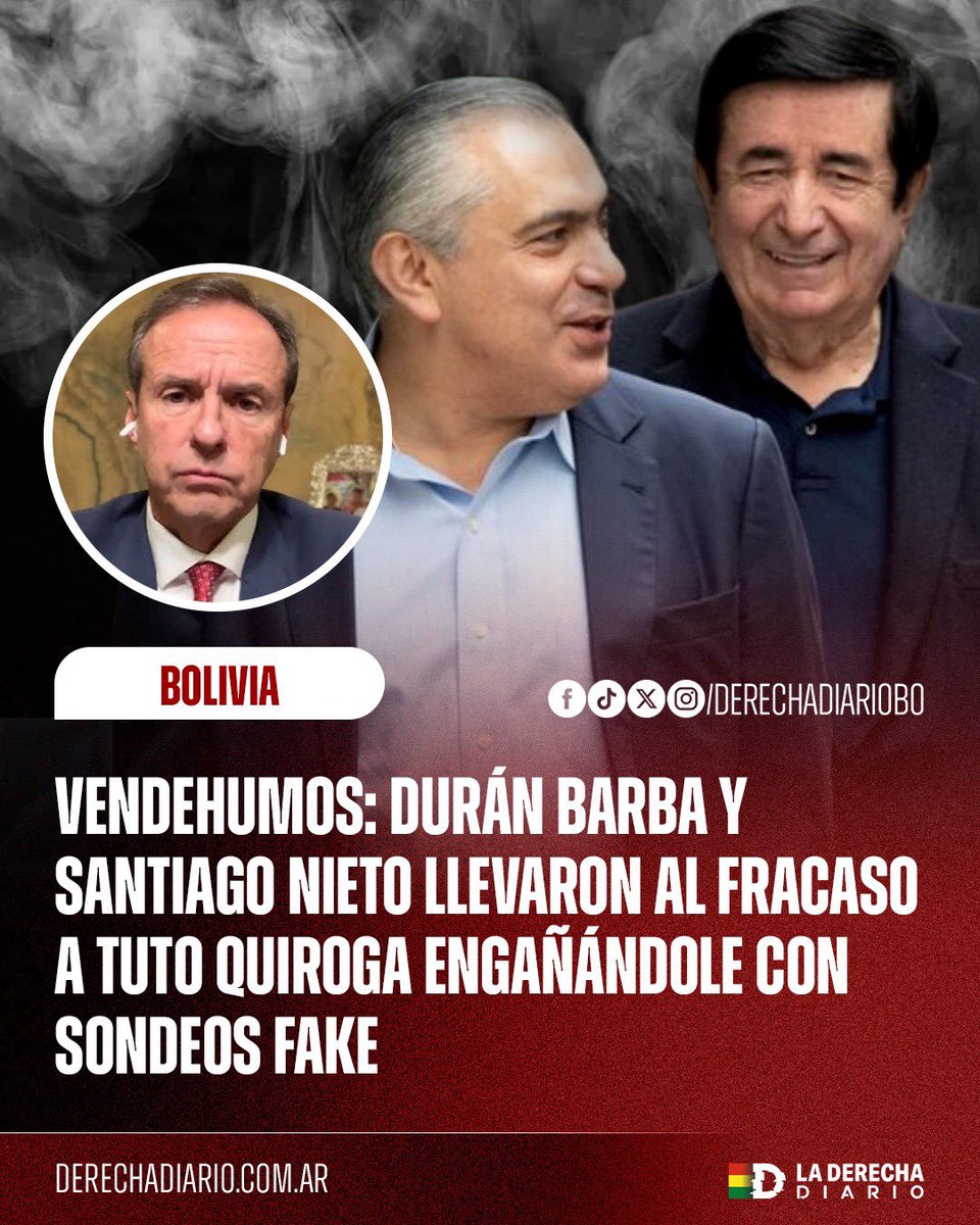 ‼️Tuto Quiroga debería denunciar a su consultor Durán Barba y a su socio Santiago Nieto por estafa en Bolivia. Ellos son los culpables de su fracaso. Le vendieron al candidato que eran los mejores consultores de América Latina y que tenían tecnología vanguardista con la que