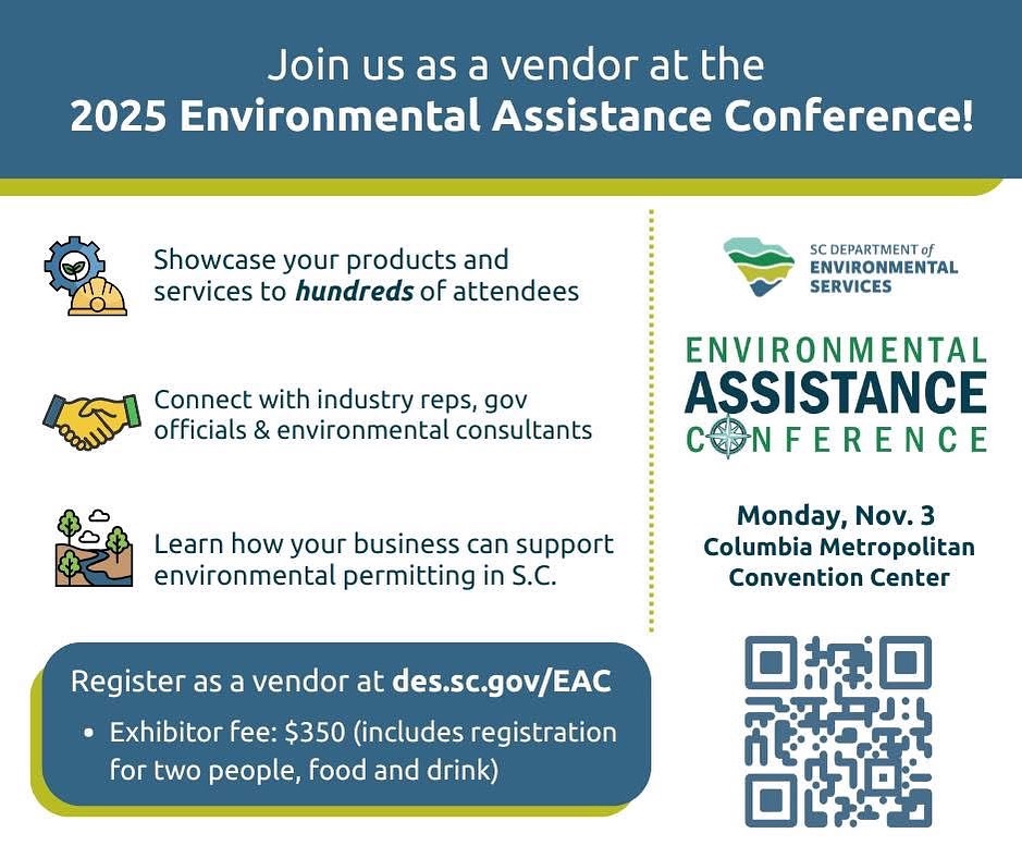 We still have a few vendor spots open for this year’s EAC! 

Vendors will be featured in our Exhibitor Showcase open throughout the day to our estimated 400 attendees.
 
Secure your space before they’re gone! Scan the QR code or visit des.sc.gov/EAC for more information.