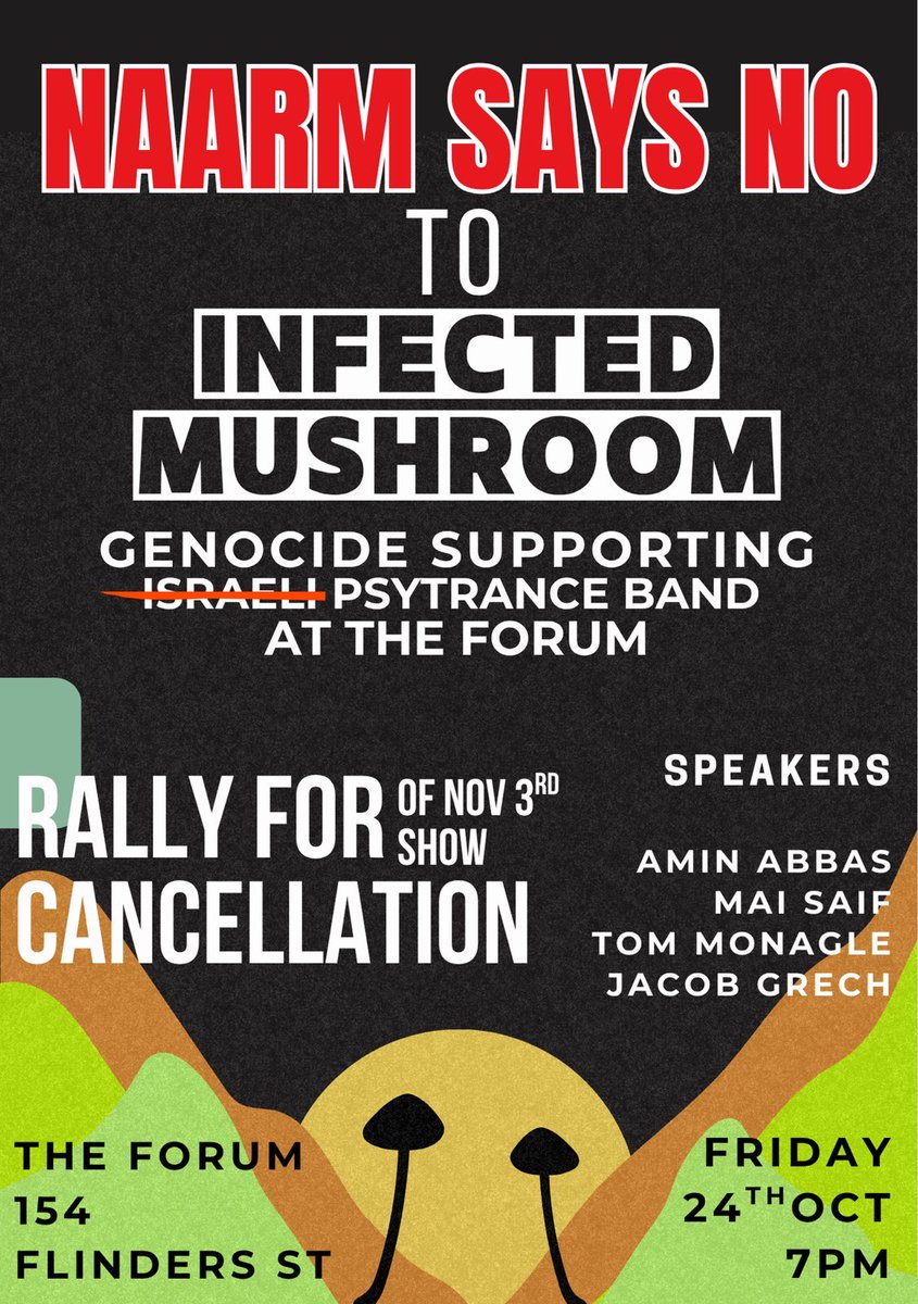 FPMelbourne's tweet photo. Rally to show Forum management that we want the show by Israeli psytrance group Infected Mushroom to be cancelled.

Outside the Forum, 7pm this Friday. https://t.co/1VW1IroOlr