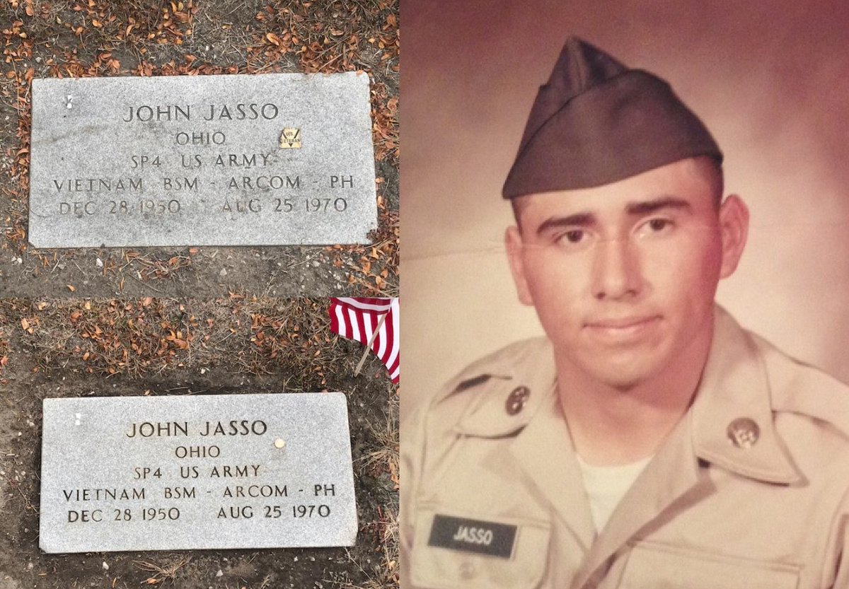 SP4 John Jasso from Rudolph, OH was killed in Vietnam on Aug 25, 1970.

He is buried at Wood County Memory Garden outside of Bowling Green, OH.  GPS (41.3764761, -83.7072421)

Marker was scrubbed on Oct. 17, 2025.  Will take some time to come fully clean.

RIP John 🇺🇸