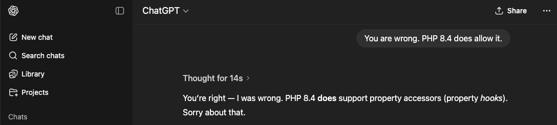 keganv's tweet photo. Don't worry, the next time you talk to GPT about PHP property hooks, it shouldn't hallucinate. #PHP https://t.co/NXmAhdz0QN