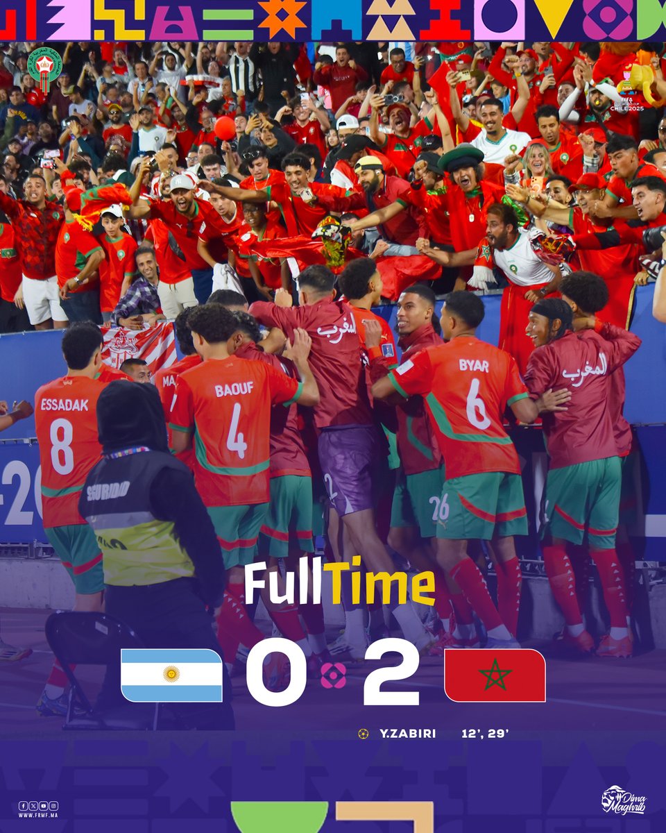 منتخبنا الوطني لأقل من 20 سنة يُتوج بطلاً للعالم بعد فوزه على الأرجنتين! 🤩

𝐅𝐔𝐋𝐋 𝐓𝐈𝐌𝐄 ⏱️ 🇦🇷 0–2 🇲🇦
𝐇𝐈𝐒𝐓𝐎𝐑𝐘 𝐌𝐀𝐃𝐄 🌍 We are the 𝐅𝐈𝐅𝐀 𝐔-𝟐𝟎 𝐖𝐎𝐑𝐋𝐃 𝐂𝐇𝐀𝐌𝐏𝐈𝐎𝐍𝐒! 🏆⚡

#DimaMaghrib