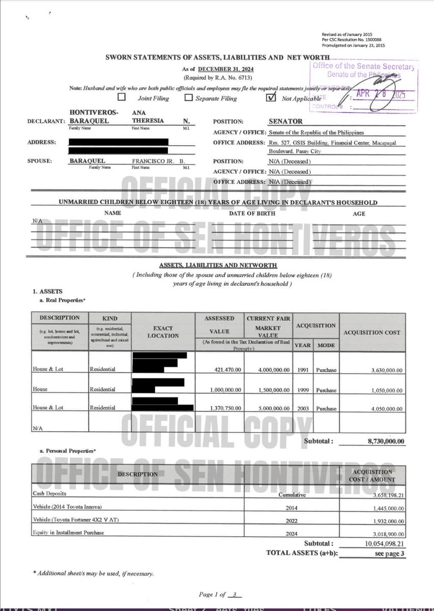 nimfaravelo's tweet image. Isinapubliko ngayon ni Sen. @risahontiveros ang kaniyang SALN.
@dzbb
*Redacted para sa privacy at security