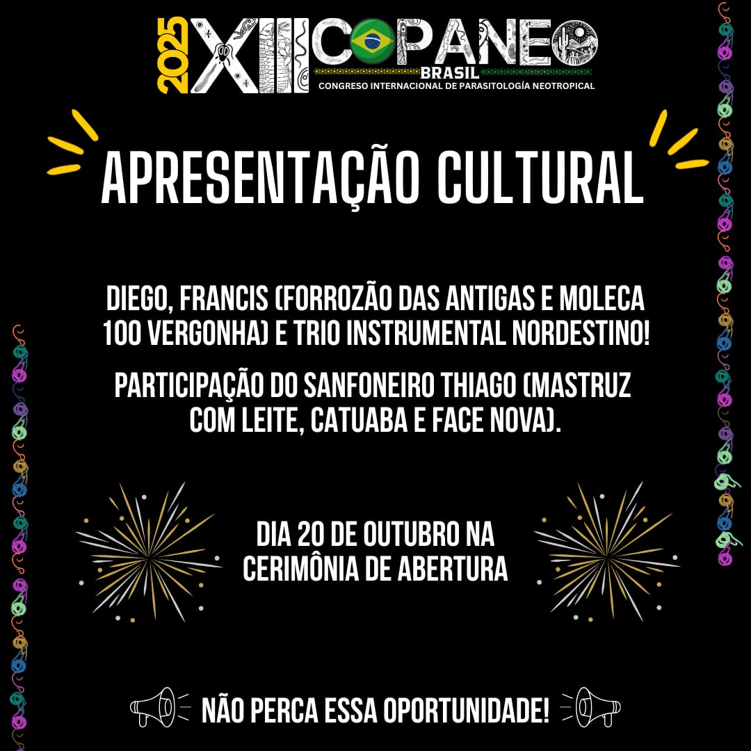 ✨PRESENTACIÓN CULTURAL✨

Diego, Francis (Forrozão Velho y Moleca 100 Vergonha) y un trío instrumental nordestino!

Con el acordeonista Thiago (Mastruz com Leite, Catuaba y Face Nova)

EL DÍA 20 EN LA CEREMONIA DE INAUGURACIÓN

¡No pierdas esta oportunidad!📣