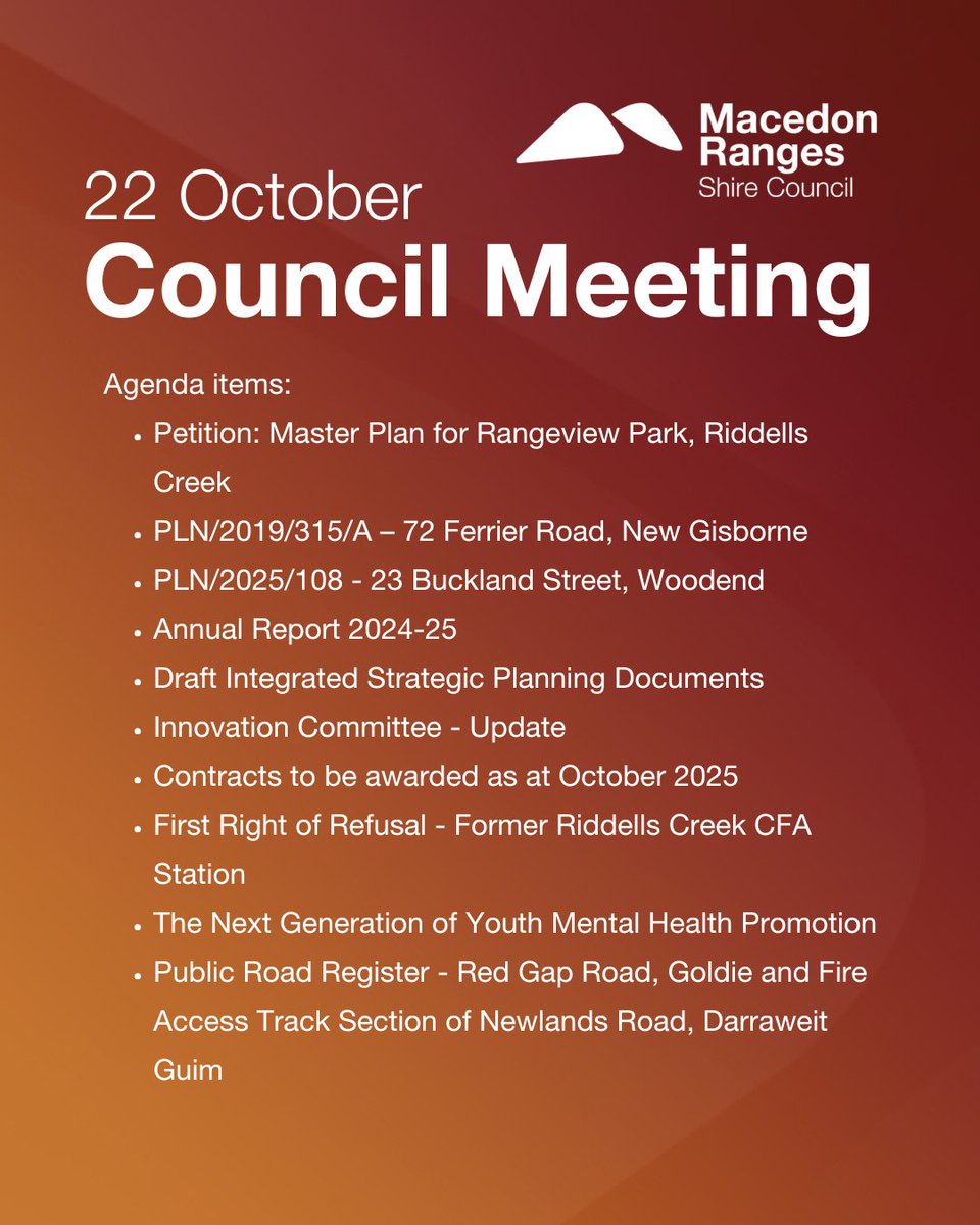 This month's Council Meeting is on Wednesday night at 7pm.
Download the agenda and watch the livestream at mrsc.vic.gov.au/agendas