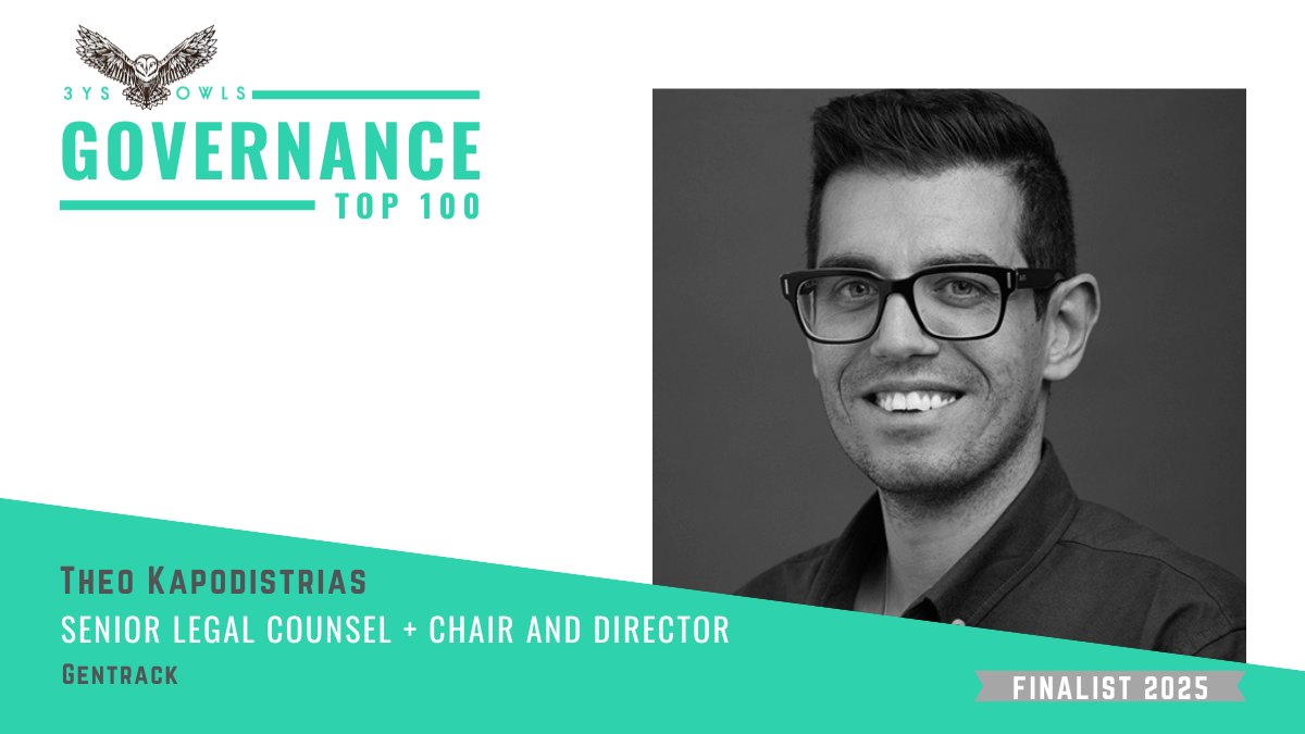 GovTop100's tweet photo. Meet 2025 #GovernanceTop100 Finalist Theo Kapodistrias from @Gentrack . Proudly brought to you by @3ysowls partnering with @cts_av @Computershare @MCRlaw &amp; @Nasdaq. Winner announced via webinar Friday 24 Oct 25 register below: #3ysowls https://t.co/iGdF7HBn6K