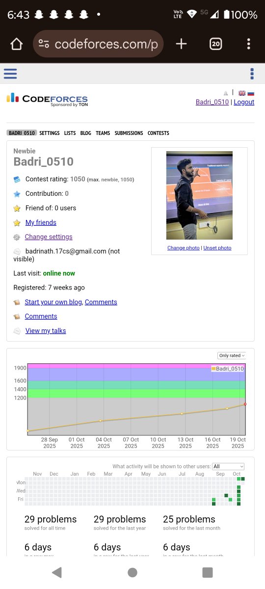Badrinath781297's tweet image. Reached a rating of 1050 yesterday guys (+102)🥹  in 5 contests. 
#CompetitiveProgramming 
#cf #cp