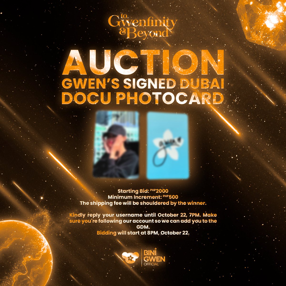 [AUCTION: Gwen’s Signed Dubai Docu Photocard]

To raise additional funds for To GWENfinity and Beyond, this signed photocard of Gwen is now ready for you, Blooms and aGWENgers! Our bidding will be done through a GDM. Kindly reply your username to be added. Thank you 🧡
