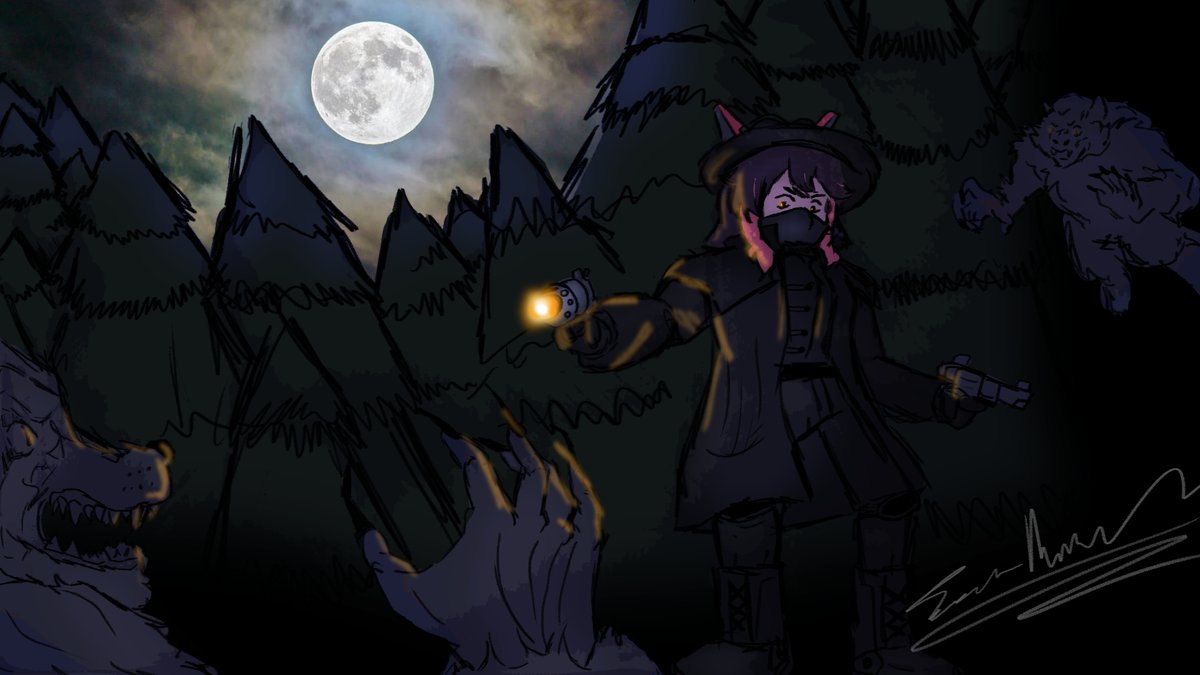#Y45UArt <a href="/YasumiVT/">Yasu | VIGILANTE VTUBER | 🦊⚖️</a> #halloween #fanart 
Got the Werewolf Prompt Done