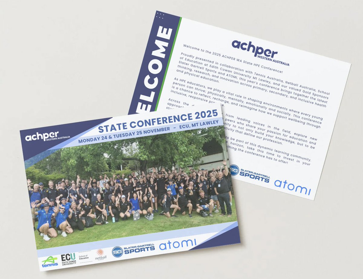 achperwa's tweet photo. The Full Program Is Here!

The 2025 ACHPER WA State HPE Conference is our biggest yet - 40+ sessions, 3 keynotes &amp; 25 trade stands! 

👕 Register before 31 Oct for your FREE polo!
📅 24–25 Nov | ECU Mt Lawley
Register: https://t.co/kOaDvEjyG3
Program: https://t.co/51WKQQu8oC https://t.co/890uKlqtk1