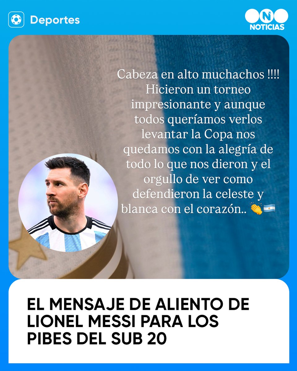 telefe's tweet photo. 💬 "Cabeza en alto muchachos"
📲 Vía Instagram, Lionel Messi le dedico unas palabras de aliento a todo el plantel que acaba de caer derrotado frente a Marruecos en la final 👏
#Sub20XTelefe #U20WC https://t.co/XO3zS671Lb
