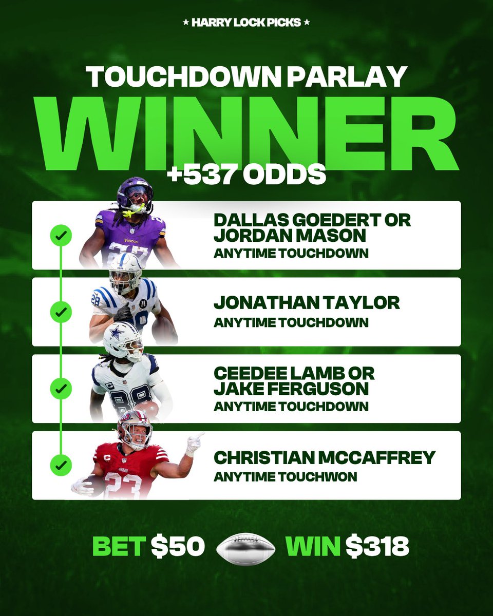 HarryLockPicks's tweet photo. 💥 BOOOOOOOOOMMMMMMM! 💥

SMASH ❤️ FOR A +537 TOUCHDOWN PARLAY! 

This has been a Sunday for the ages! ✅🔥 https://t.co/HO6yrNDEdW