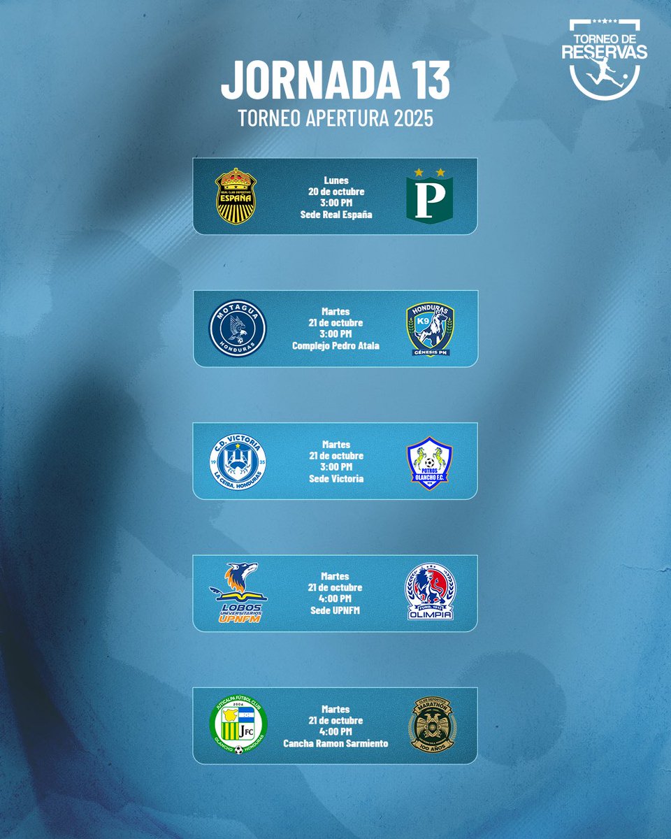 ¡JORNADA 13 RESERVAS! 👦🏻⚽️

Los juegos de la #Jornada13 del #TorneoApertura 2025-2026 del #TorneoDeReservas con los horarios oficiales.