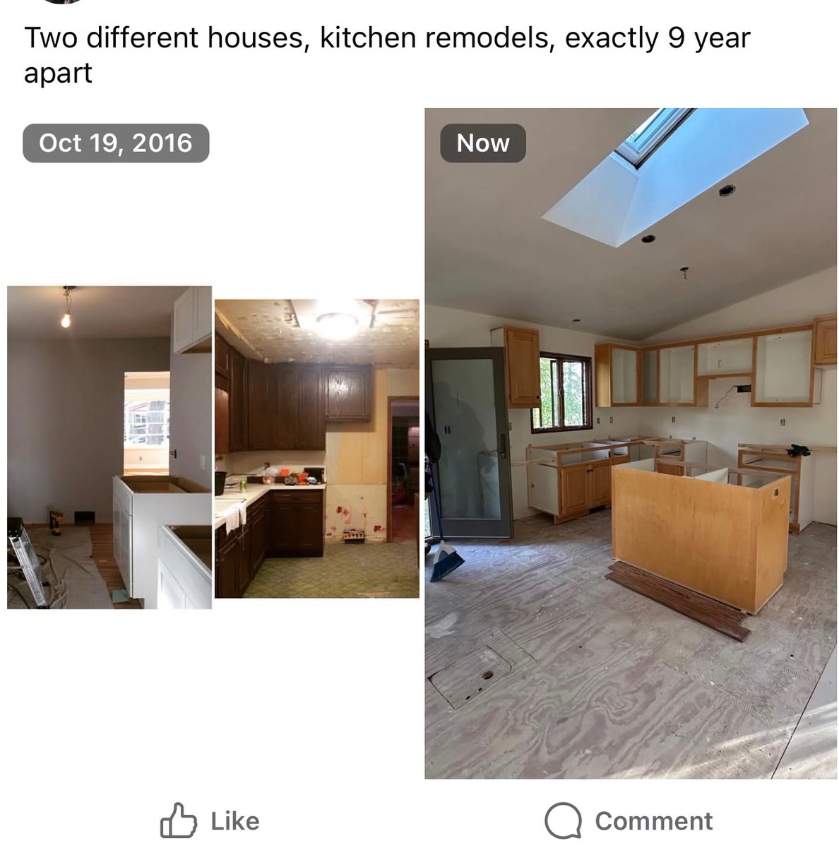 Facebook reminded me that exactly 9 years ago we were remodeling the kitchen in our first home. Yesterday our cabinets were hung in the kitchen of our current remodel! Fun coincidence 🤩