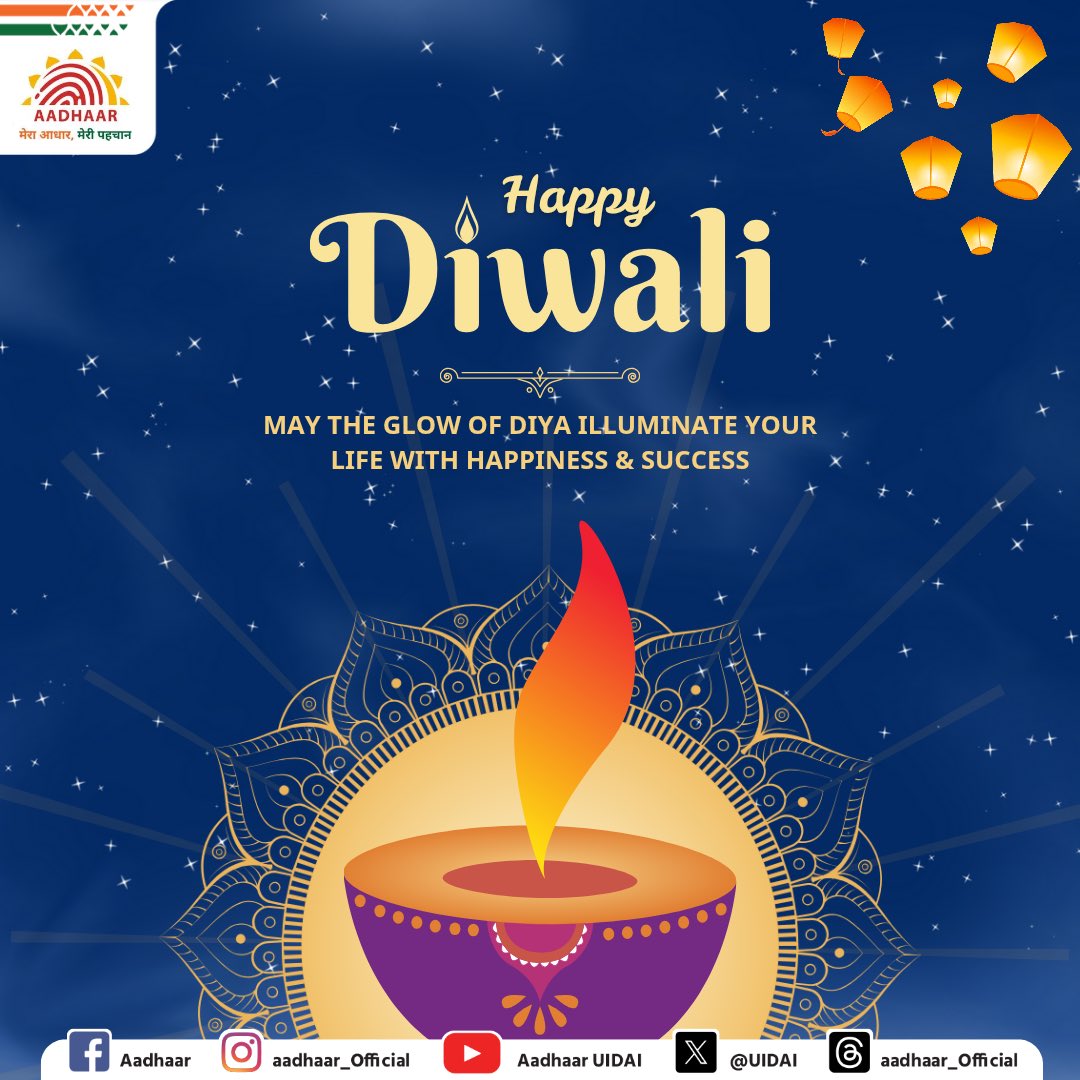 UIDAI's tweet image. Aadhaar wishes you all a very Happy Diwali!
#HappyDiwali #Diwali2025
