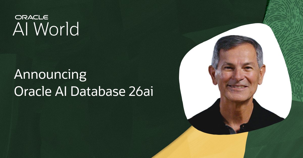 OracleDatabase's tweet image. Did you hear? Oracle Database is now Oracle AI Database. The same key mission-critical technology and unique appdev tools plus a whole host of new capabilities to power your AI initiatives. social.ora.cl/6016AN1XM #AIWorld