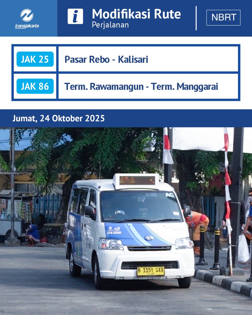 Sahabat TiJe, mulai Jumat, 24 Oktober 2025, Transjakarta akan melakukan modifikasi pada layanan Transjakarta rute JAK 25: Pasar Rebo - Kalisari dan JAK 86: Term Rawamangun - Term Manggarai.