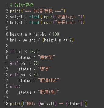 monoren's tweet image. 【Python実践】BMI計算＆判定プログラム(16行) 
 太りすぎ？痩せすぎ？⚕️
📚学べること:
・float()で小数点入力を受け取る 
・数式で計算(割り算、累乗**) 
 ・:.1fで小数点第1位まで表示 
条件分岐の理解が深まります📊  
#Python学習 #プログラミング教育 #情報1