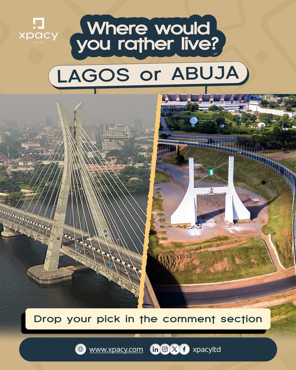 xpacyltd's tweet photo. Two cities, two lifestyles, one country.

So, from a living or investment perspective, which city would you choose and why?

Xpacy...experience ease.

#XpacyTalks #RealEstateNigeria #LagosRealEstate #AbujaRealEstate #Xpacy https://t.co/GFg8KpQG5Q