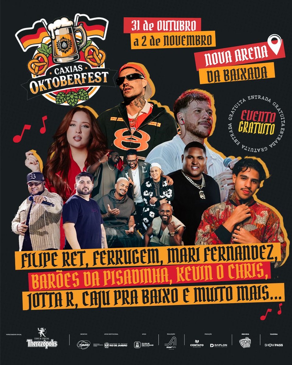 RET em Caxias! 🔥
Caxias Oktoberfest — de 31/10 a 02/11, na Nova Arena da Baixada 🍺
Ferrugem, Mari Fernandez, Barões da Pisadinha, Kevin o Chris e muito mais!
🎫 Entrada gratuita — setor pista!

🎟️ Camarotes a venda em:
showpass.com.br/pdv/$2a$08$202…