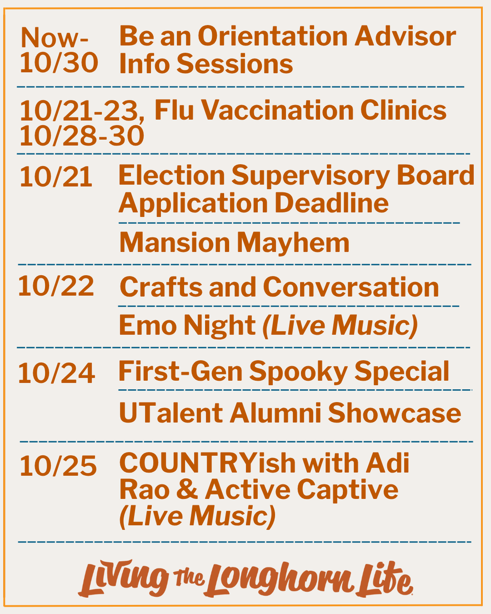 UTexasStudents's tweet photo. Check out What's Ahead from the Division of Student Affairs – including festive events, flu shots, student leadership opportunities &amp; live music: https://t.co/AV4dAIN4W4

#LivingTheLonghornLife #PuttingStudentsFirst https://t.co/LsC1joUJUX