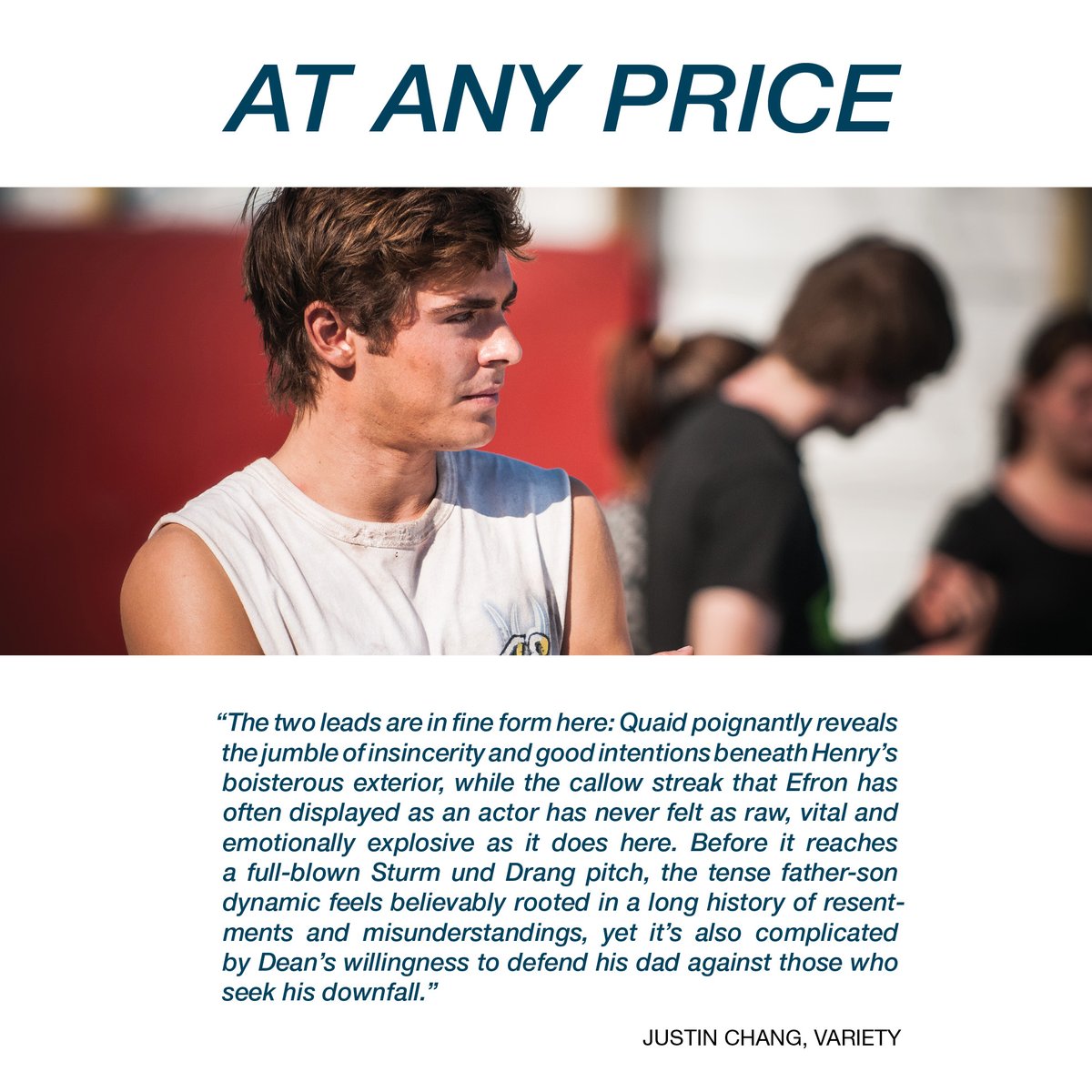NotableZacEfron's tweet photo. “The two leads are in fine form here: [...] while the callow streak that Efron has often displayed as an actor has never felt as raw, vital and emotionally explosive as it does here.”

#AtAnyPrice #ZacEfron https://t.co/hzTRTTomI7