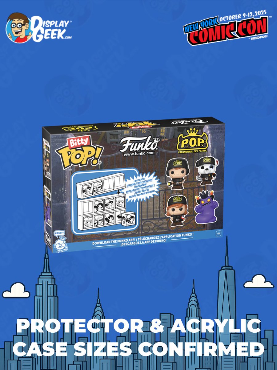 DisplayGeek's tweet image. #NYCC Exclusive protector size confirmed and available now: Bitty Pop! Paranormal Ops Patrol 4-Pack (In 0.50mm Protector OR 3mm Custom Acrylic Case!) 
#DisplayGeek #Funko #FunkoPops #PopProtector #NYCC2025 #NewYorkComicCon #ComicCon #BittyPop #FreddyFunko