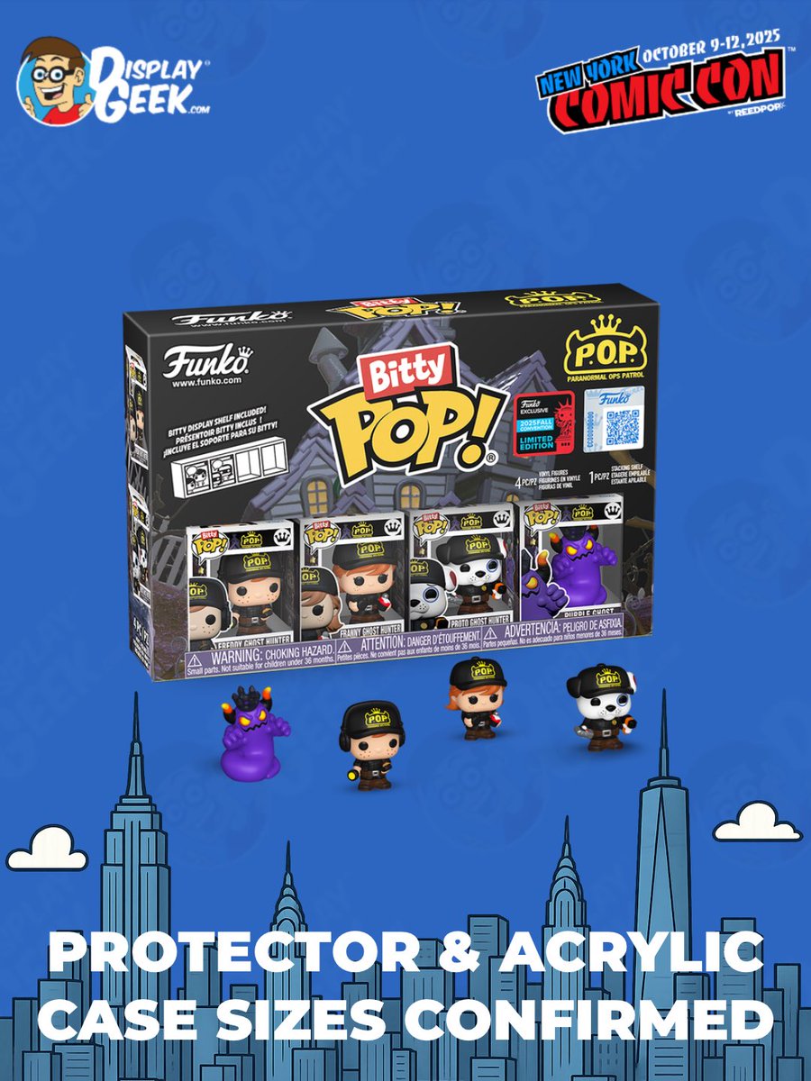 DisplayGeek's tweet image. #NYCC Exclusive protector size confirmed and available now: Bitty Pop! Paranormal Ops Patrol 4-Pack (In 0.50mm Protector OR 3mm Custom Acrylic Case!) 
#DisplayGeek #Funko #FunkoPops #PopProtector #NYCC2025 #NewYorkComicCon #ComicCon #BittyPop #FreddyFunko