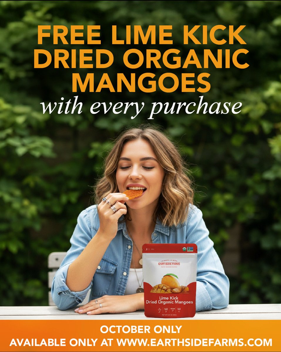 EarthsideFarms's tweet image. This month only! Head to our website and get a free bag of Lime Kick Dried Mangoes with any purchase. Hurry before they’re gone!
#freegift #freesample #freebie #freeoffer #limitedoffer #octoberdeals #halloween #halloweentreats #shopnow