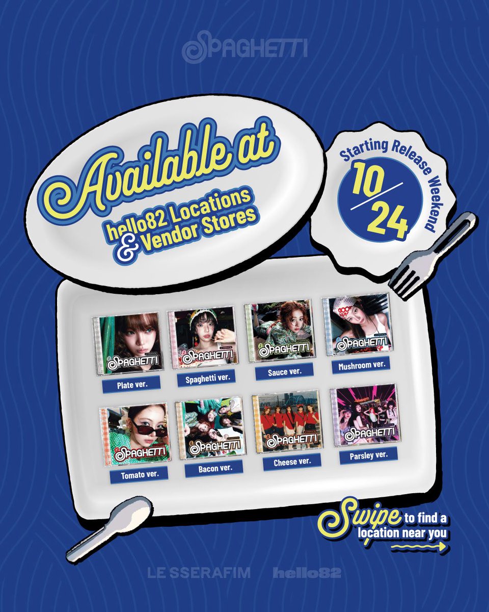 hello82official's tweet image. Feeling hungry? 😋
Don&apos;t worry, &apos;SPAGHETTI&apos; Single CDs are ready to be served on-site at hello82! 

💿 FIND &apos;SPAGHETTI&apos; Single CD at hello82 &amp;amp; Vendor Stores ONLY!

🗓️ 10/24 - 10/26 | 10AM - 4PM (Local Time)
📍 @hello82LA 
📍 @hello82NYC 
📍 @hello82ATLANTA 
📍 @hello82SANDIEGO…