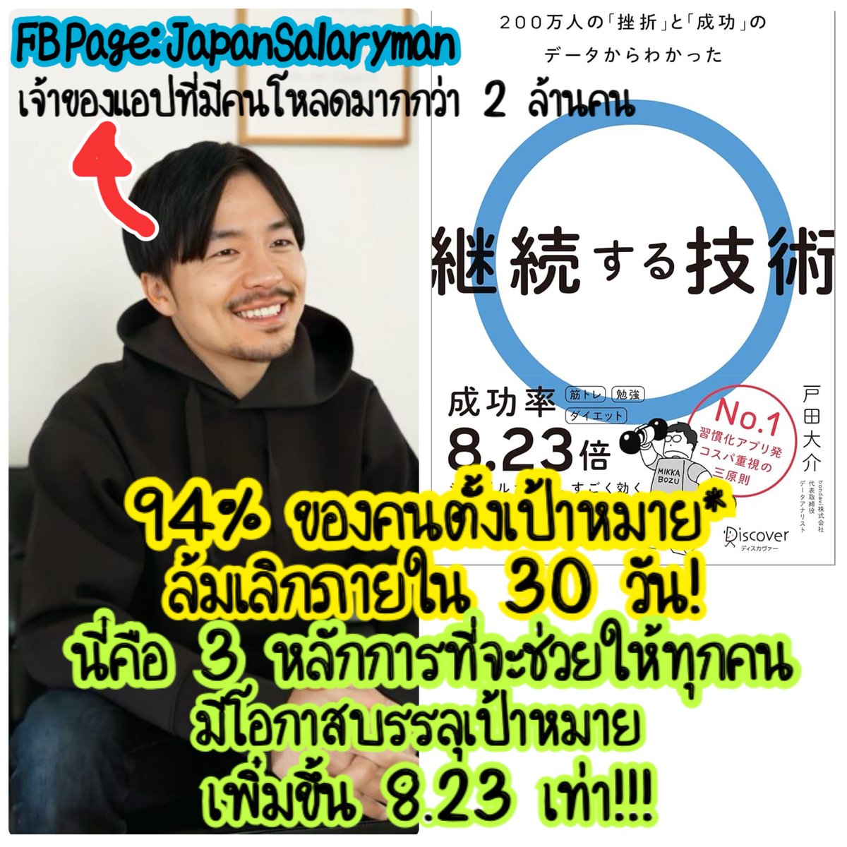 เทคนิคที่คนญี่ปุ่นใช้ “ทำให้ต่อเนื่องได้จริง”
.
ช่วงนี้ผมเพิ่งอ่านหนังสือเล่มหนึ่งครับ 
ชื่อว่า “継続する技術 (เทคนิคการทำให้ต่อเนื่อง)” ผลงานเขียนของคุณ โทดะ ไดสุเกะ 
วิศวกรซอฟต์แวร์ชาวญี่ปุ่น ที่สร้างแอปชื่อว่า 集中 หรือแปลว่า โฟกัส ซึ่งตอนที่ออกหนังสือ
มียอดดาวน์โหลดเกิน 2