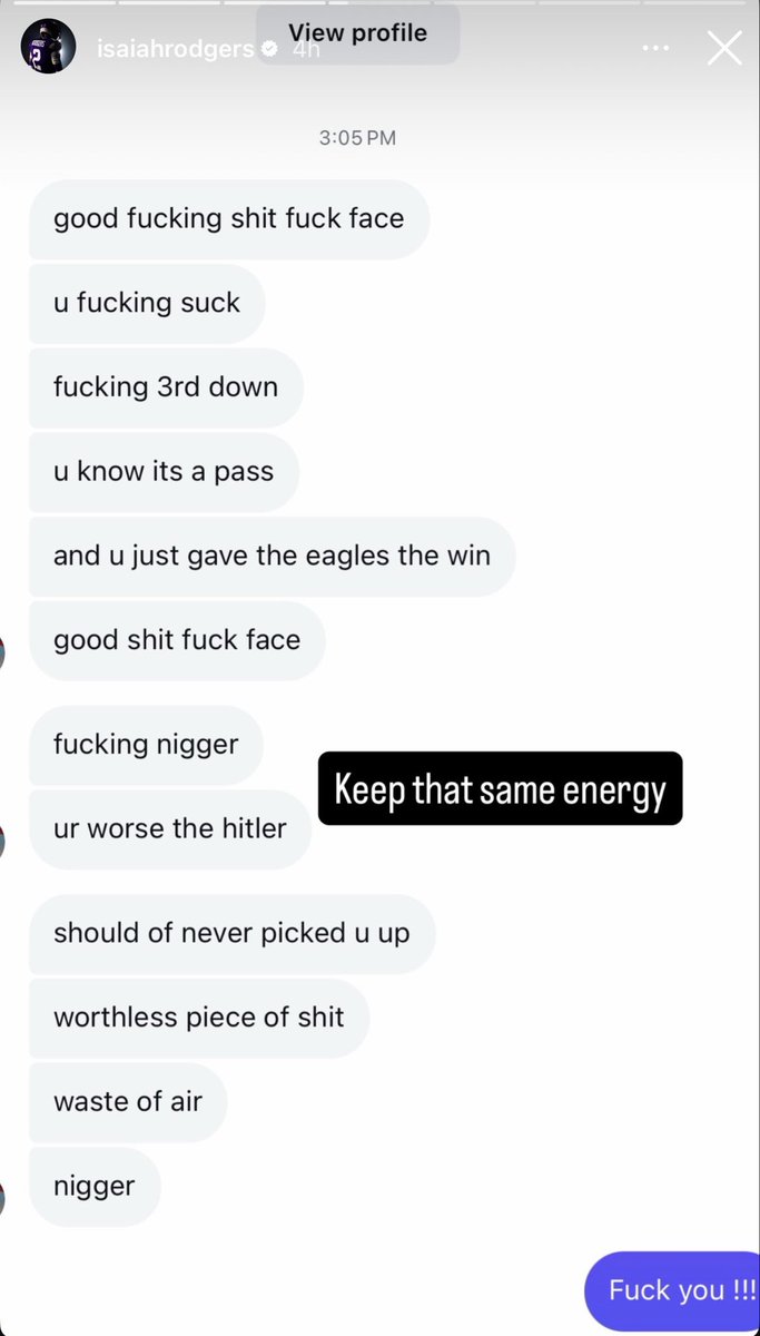Disgusting: Isaiah Rodgers posts screenshots of NASTY DM’s he received today from a Vikings fan after today’s loss to the Eagles.

There is no place for this in sports 🤦‍♂️ 