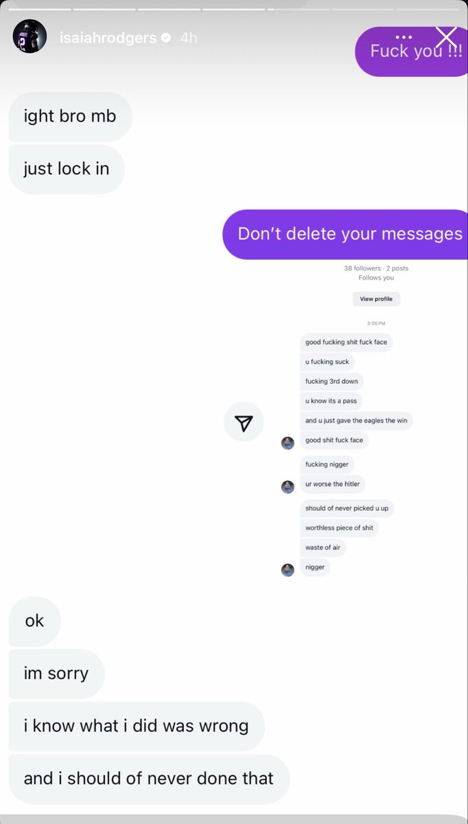 Disgusting: Isaiah Rodgers posts screenshots of NASTY DM’s he received today from a Vikings fan after today’s loss to the Eagles.

There is no place for this in sports 🤦‍♂️