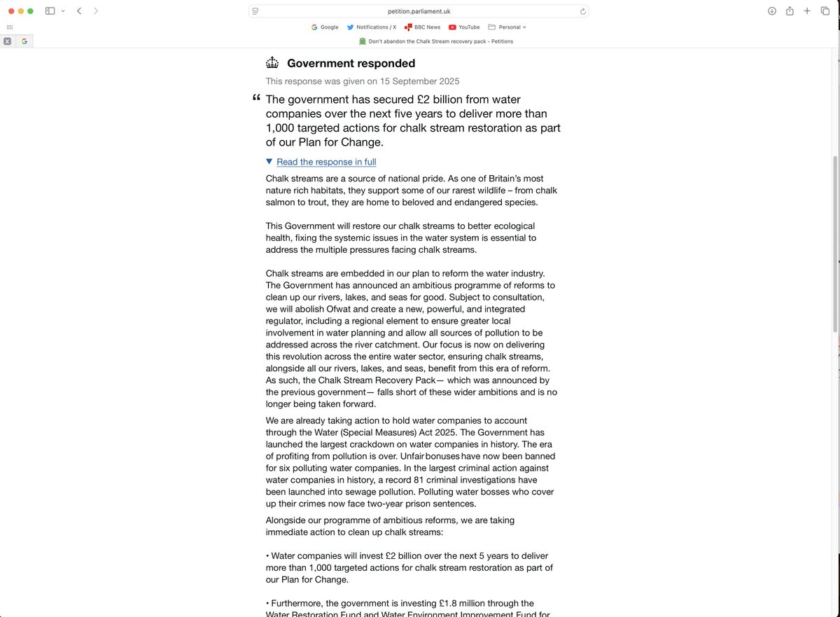 Feargal Sharkey (@feargal_sharkey) on Twitter photo "As such the Chalk Stream Recovery Pack— which was announced by the previous government— falls short of these wider ambitions and is no longer being taken forward."
Well that didn't take long then. Govt abandon plan to save England's chalk streams. "As such the Chalk Stream Recovery Pack— which was announced by the previous government— falls short of these wider ambitions and is no longer being taken forward."
Well that didn't take long then. Govt abandon plan to save England's chalk streams.