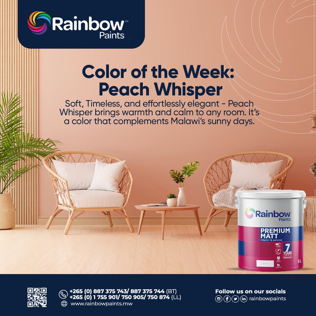 rainbowpaintsmw's tweet image. It’s a color that complements Malawi’s sunny days — perfect for bedrooms, lounges, or cozy family spaces.
Let your home glow with comfort this week. ✨
Hashtags:
#ColorOfTheWeek #PeachWhisperMW #RainbowPaintsMW #WarmSpaces #InspireWithColor #MalawiHomes